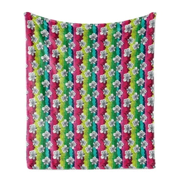 Summer Soft Flannel Fleece Throw Blanket, Exotic Hibiscus Petals on Grunge Rainbow Toned Gradient Colorful Background, Cozy Plush for Indoor and Outdoor Use, 50" x 60", Multicolor, by Ambesonne