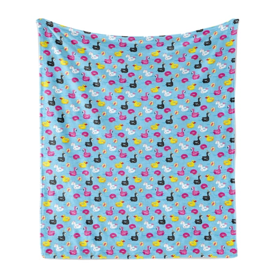 Summer Soft Flannel Fleece Throw Blanket, Floating Pool Toys Pattern with Balls Holiday Fun Theme Duck Flamingo and Unicorn, Cozy Plush for Indoor and Outdoor Use, 50" x 60", Multicolor, by Ambesonne