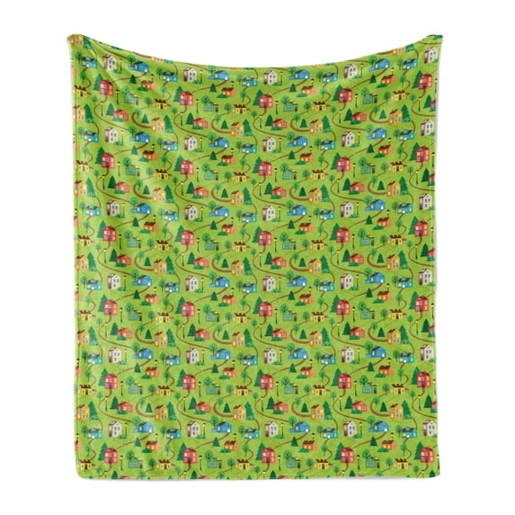 Summer Soft Flannel Fleece Throw Blanket, Landscape of Buildings Houses with Trees Village Plan Childish, Cozy Plush for Indoor and Outdoor Use, 60" x 80", Green Azure Blue and Mustard, by Ambesonne