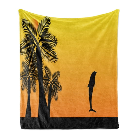 Summer Soft Flannel Fleece Throw Blanket, Ombre Sunset with Dolphin and Palm Trees Exotic Beach Pattern, Cozy Plush for Indoor and Outdoor Use, 70" x 90", Yellow Orange, by Ambesonne