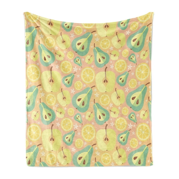 Summer Soft Flannel Fleece Throw Blanket, Pastel Colored Fruits Fresh Pears Lemon and Apple Slices Daisy Flowers, Cozy Plush for Indoor and Outdoor Use, 50" x 60", Blush and Multicolor, by Ambesonne