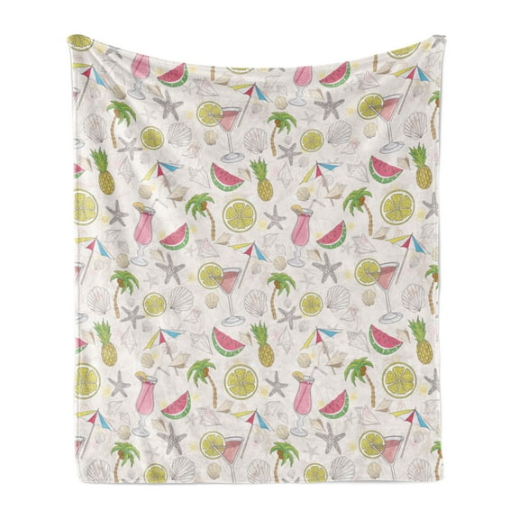 Summer Soft Flannel Fleece Throw Blanket, Pastel Colorful Themed Pattern with Watermelon Palm Lemon Umbrella, Cozy Plush for Indoor and Outdoor Use, 50" x 70", Pale Eggshell Multicolor, by Ambesonne