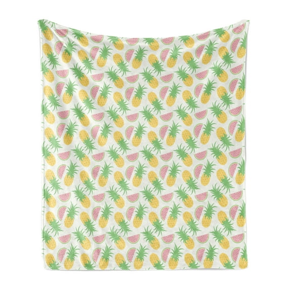 Summer Soft Flannel Fleece Throw Blanket, Pineapples and Watermelons Doodles on a Dotted Scales Background, Cozy Plush for Indoor and Outdoor Use, 50" x 60", Apple Green Yellow, by Ambesonne