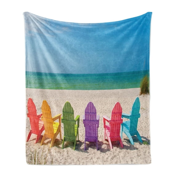 Summer Soft Flannel Fleece Throw Blanket, Seascape Panorama with Adroable Colorful Painted Wooden Deskchairs on Sandy Beach, Cozy Plush for Indoor and Outdoor Use, 70" x 90", Multicolor, by Ambesonne