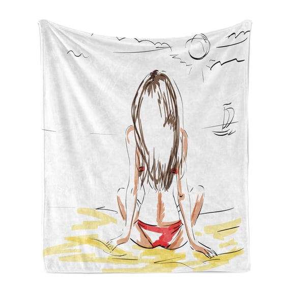 Summer Soft Flannel Fleece Throw Blanket, Sketch of a Girl on Beach Summer Holiday on Sand Sunbathing, Cozy Plush for Indoor and Outdoor Use, 50" x 60", Yellow White, by Ambesonne