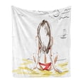 thumbnail image 1 of Summer Soft Flannel Fleece Throw Blanket, Sketch of a Girl on Beach Summer Holiday on Sand Sunbathing, Cozy Plush for Indoor and Outdoor Use, 60" x 80", Yellow White, by Ambesonne, 1 of 6