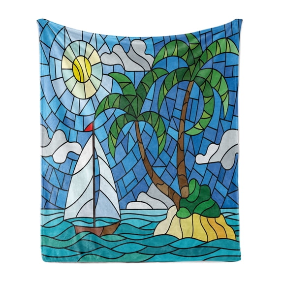 Summer Soft Flannel Fleece Throw Blanket, Stained Glass Mosaic Fractal Style Island Theme with Ship at Sea Palm Tree Exotic, Cozy Plush for Indoor and Outdoor Use, 50" x 70", Multicolor, by Ambesonne