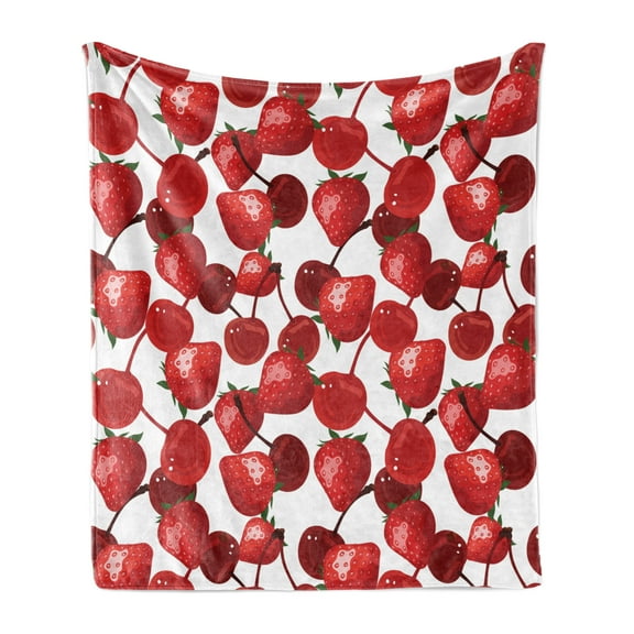 Summer Soft Flannel Fleece Throw Blanket, Strawberries and Cherries Spring Fruits Organic Food and Picnic Image, Cozy Plush for Indoor and Outdoor Use, 50" x 70", Burgundy White Green, by Ambesonne