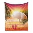 thumbnail image 1 of Summer Soft Flannel Fleece Throw Blanket, Sunset at the Beach Flip Flops Umbrella and Palm Trees Illustration, Cozy Plush for Indoor and Outdoor Use, 50" x 60", Orange and Yellow, by Ambesonne, 1 of 6