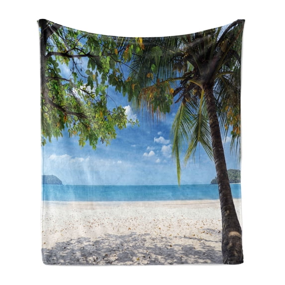 Summer Soft Flannel Fleece Throw Blanket, Tropical Beach Ocean Behind Palm Tree Caribbean Exotic Holiday Image, Cozy Plush for Indoor and Outdoor Use, 50" x 70", Fern Green Sky Blue, by Ambesonne