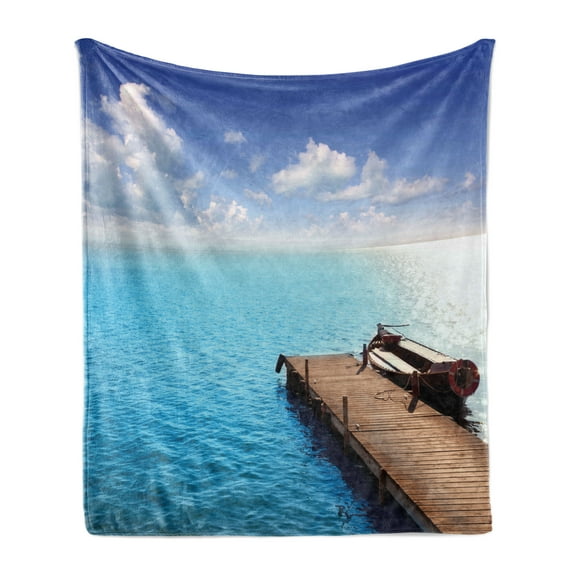 Summer Soft Flannel Fleece Throw Blanket, Wooden Deck on Charm Lake Holiday Europe Coast Tranquil Sea View, Cozy Plush for Indoor and Outdoor Use, 50" x 70", Violet Blue Turquoise, by Ambesonne