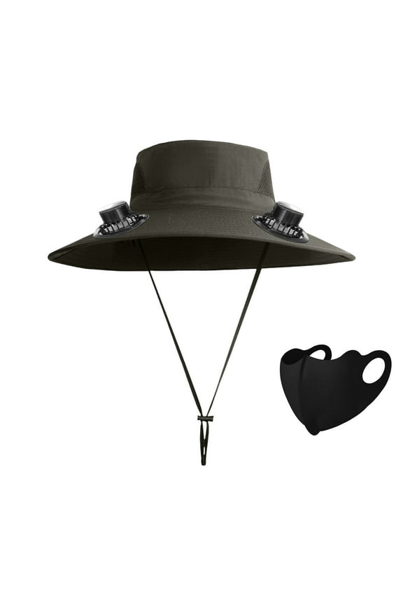 Summer Solar Fan Fisherman Hat with Mask, Wide Brims Sun Hat with 2 Solar Fan, Hat with Solar Fans Built in, Bucket Fishing & Beach Hat with Fan Built in