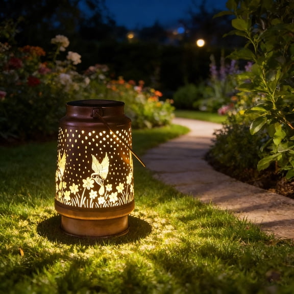 Summer Solar Lanterns Outdoor Hanging Lights - Waterproof LED Decorative Hollow Out Metal Garden for Yard Patio Lawn Pathway Landscape Walkway, Red Copper-C, 7.28x4.92 Inch