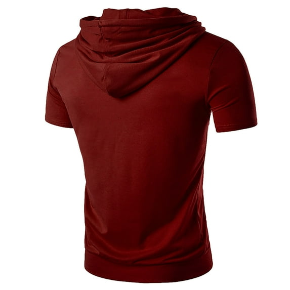 Summer Solid Color Casual Short Sleeve Sports Men's Hooded Shirts Red XXL