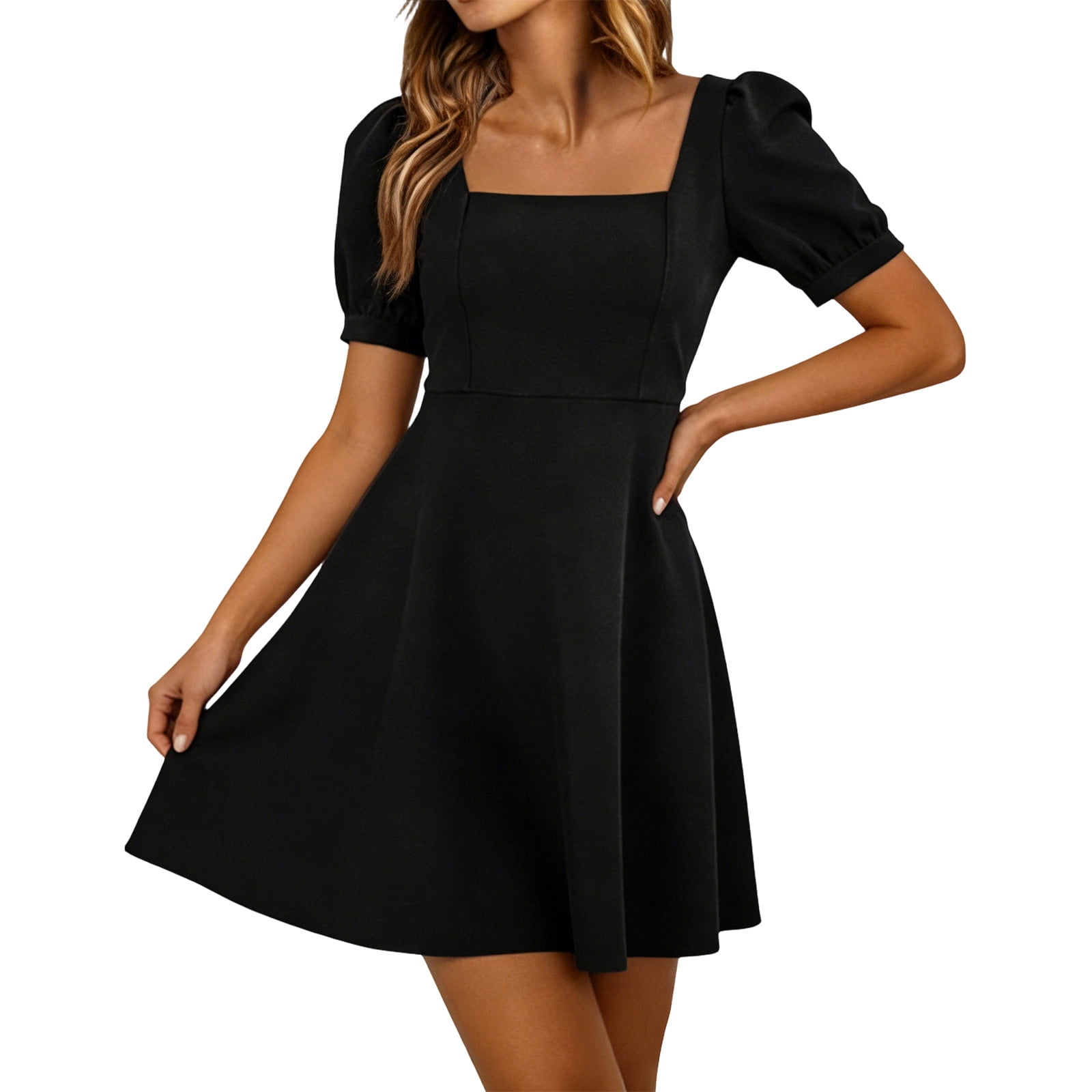 cute solid color dresses Hinvhai Summer Solid Color Dresses for Women Casual Cute Square Neck Puff Short Sleeve Dress with Pockets Black, Women's, Size: Large