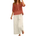 thumbnail image 1 of Summer Solid Color Embroidered V Neck Three Quarter Sleeve Top and Wide Leg Pants Two Piece Outfit for Women Beach Brick Red L, 1 of 4