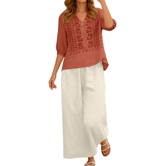 Summer Solid Color Embroidered V Neck Three Quarter Sleeve Top and Wide Leg Pants Two Piece Outfit for Women Beach Brick Red L