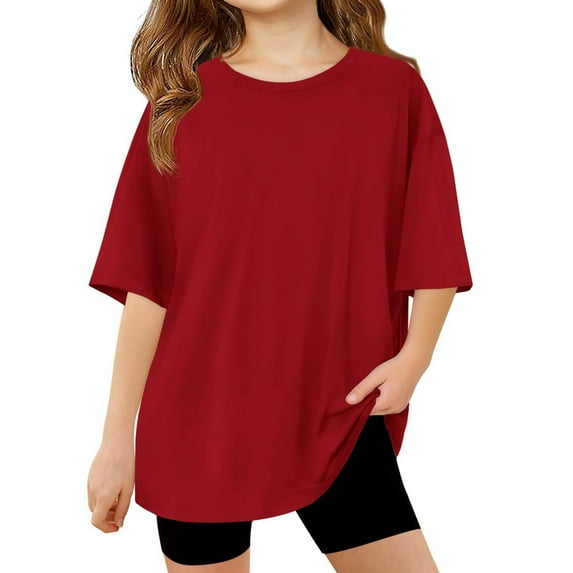 Summer Solid Color Girls Loose T-shirt Oversize Kids Children Short Sleeve T-shirt for 5-14 Years