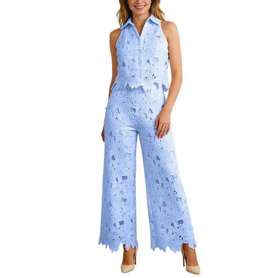 Summer Solid Color Sleeveless Turn Down Collar Lapel Hollow Out Lace Vest and Wide Leg Pants Two Piece Outfit for Women Blue L
