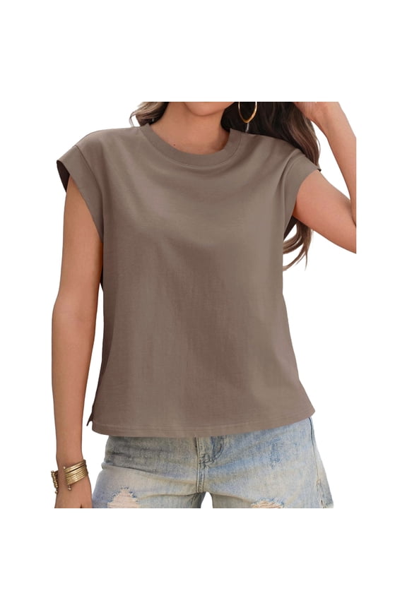 Summer Solid Color Women Cap Sleeve Crew Neck Casual Shirt Tops