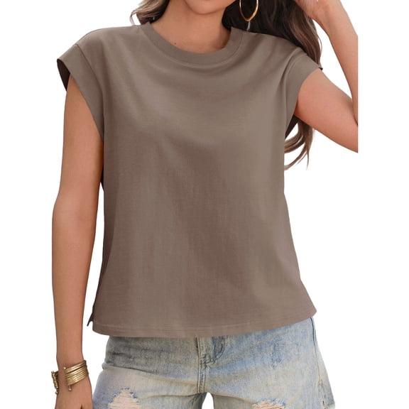 Summer Solid Color Women Cap Sleeve Crew Neck Casual Shirt Tops