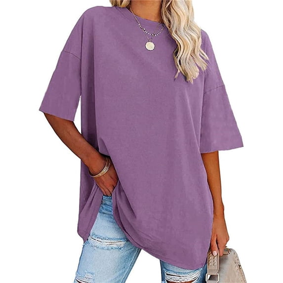 Summer Solid Color Women Loose T-shirt Crew Neck Casual Oversize Drop Shoulder Shirt Tops
