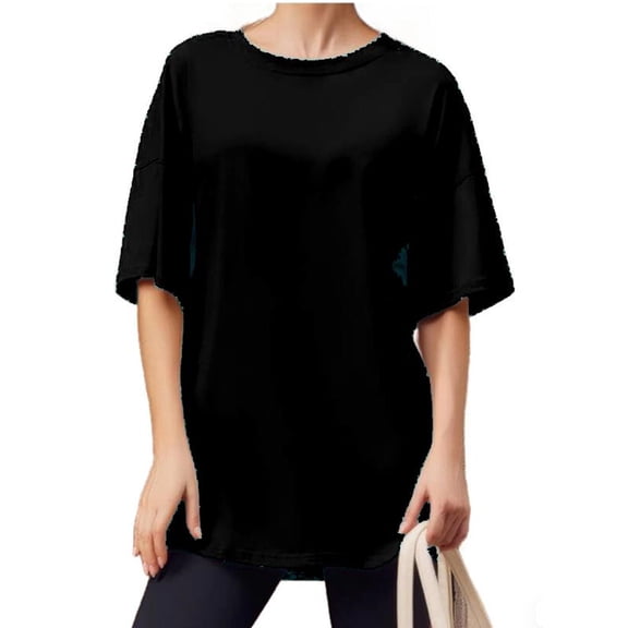 Summer Solid Color Women Loose T-shirt Crew Neck Casual Oversize Drop Shoulder Shirt Tops
