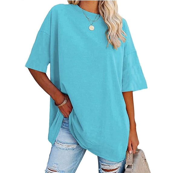 Summer Solid Color Women Loose T-shirt Crew Neck Casual Oversize Drop Shoulder Shirt Tops