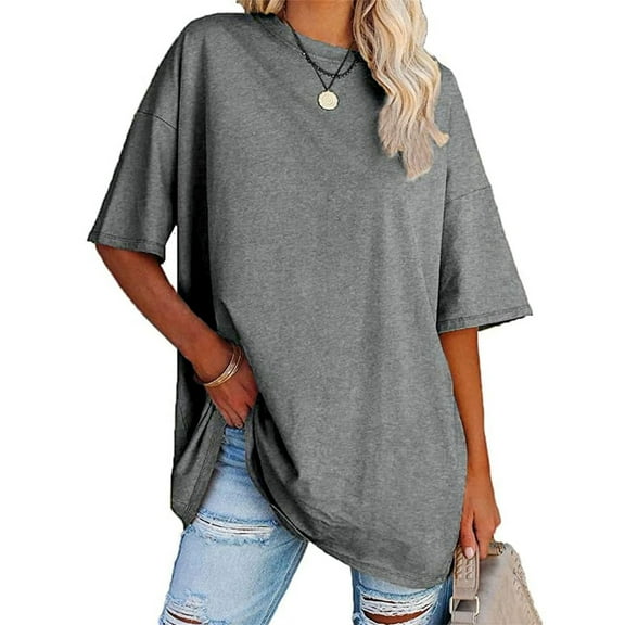 Summer Solid Color Women Loose T-shirt Crew Neck Casual Oversize Drop Shoulder Shirt Tops