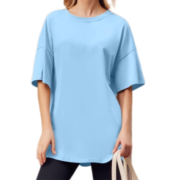 Summer Solid Color Women Loose T-shirt Crew Neck Casual Oversize Drop Shoulder Shirt Tops