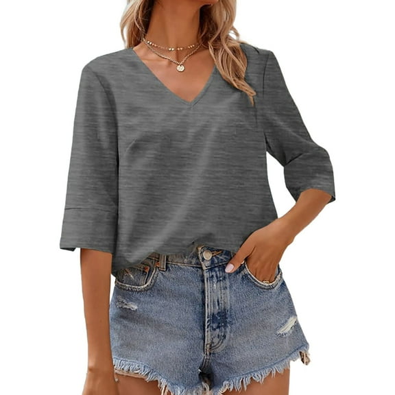 Summer Solid Color Women V-neck Casual T-shirt Half Sleeve Simple Tops