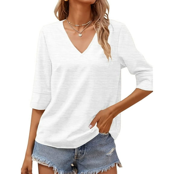 Summer Solid Color Women V-neck Casual T-shirt Half Sleeve Simple Tops