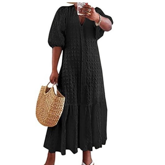 Summer Solid-Color Woven V-Neck Dress with Buttons, Pleats, and a Loose, Casual Fit