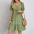 thumbnail image 1 of Summer Solid Dress Women Casual Bohemian V Neck Short Sleeve Ruffles Loose A Line Mini Dress Elegant Beach Party Vestidos Street, 1 of 9