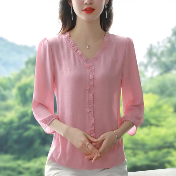 Summer Solid V-Neck Fringed Edge Short Sleeve Chiffon Shirt