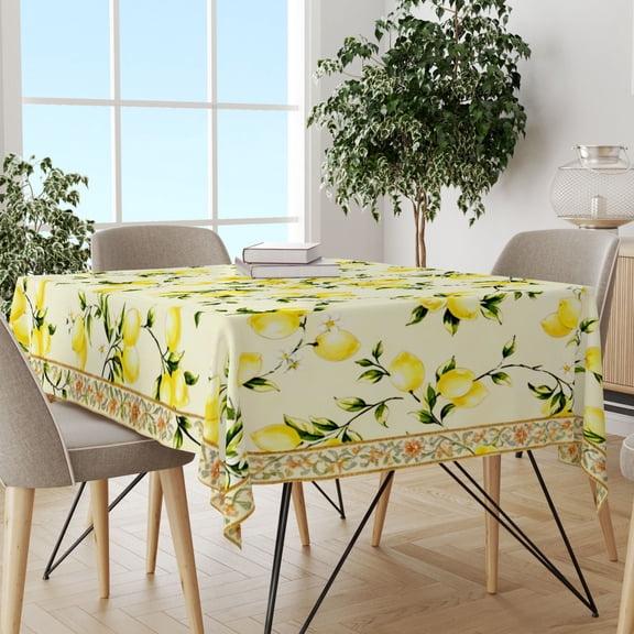 Summer Solstice Bright Yellow Lemon Leaf Rectangle Tablecloth, Citrus Farmhouse Cover, Wrinkle Resistant Washable Cloth for Kitchen Patio Summer Gatherings