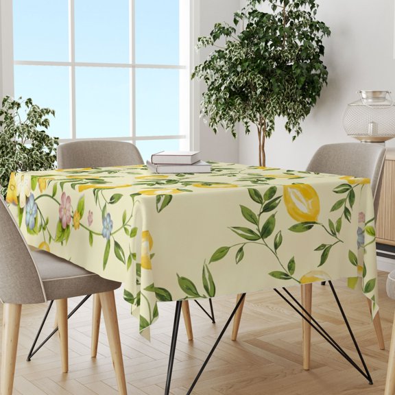 Summer Solstice Cream Lemon Leaf Rectangle Tablecloth, Fresh Farmhouse Cover, Wrinkle Resistant Washable Cloth for Kitchen Patio Summer Gatherings