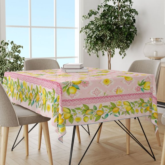 Summer Solstice Pink Lemon Border Rectangle Tablecloth, Citrus Farmhouse Cover, Wrinkle Resistant Durable Cloth for Kitchen Patio Summer Gatherings
