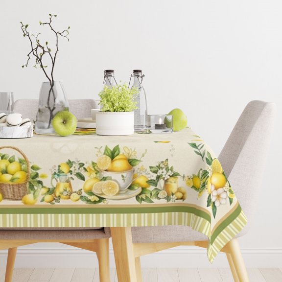 Summer Solstice Pink Lemon Border Rectangle Tablecloth, Citrus Farmhouse Cover, Wrinkle Resistant Durable Cloth for Kitchen Patio Summer Gatherings