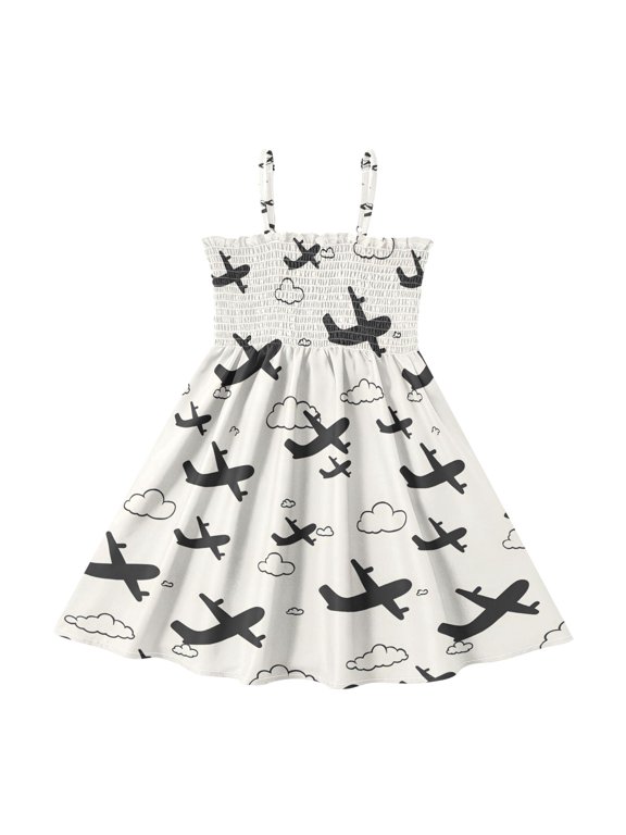 Summer Spaghetti Strap Airplane Cloud A Line Dress Casual Sleeveless Cami Sundress for Size 2-8 Years