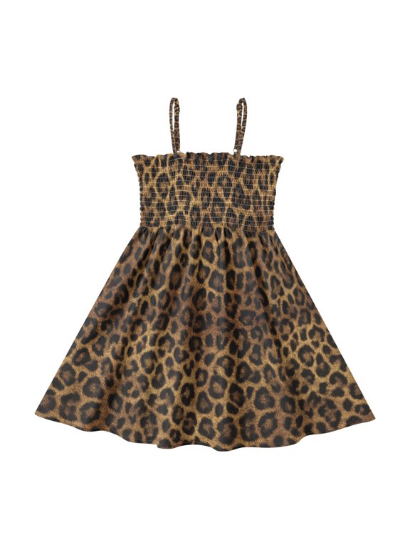 Summer Spaghetti Strap Beautiful Leopard Print A Line Dress Casual Sleeveless Cami Sundress for Size 2-8 Years