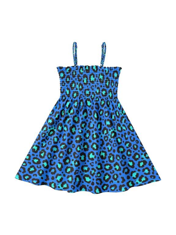 Summer Spaghetti Strap Blue Leopard Print A Line Dress Casual Sleeveless Cami Sundress for Size 2-8 Years