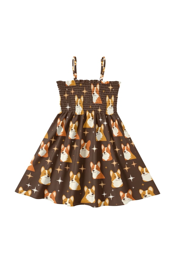 Summer Spaghetti Strap Celestial Corgi A Line Dress Casual Sleeveless Cami Sundress for Size 2-8 Years