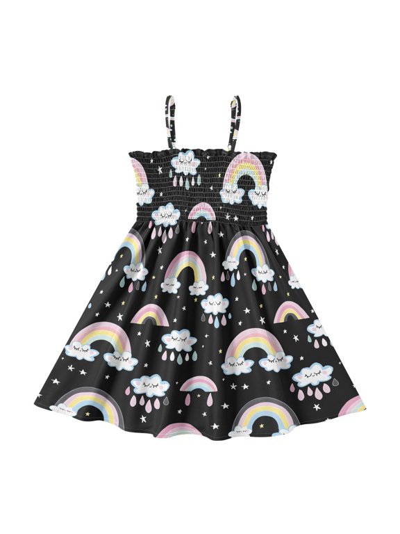 Summer Spaghetti Strap Cloud Rainbow A Line Dress Casual Sleeveless Cami Sundress for Size 2-8 Years