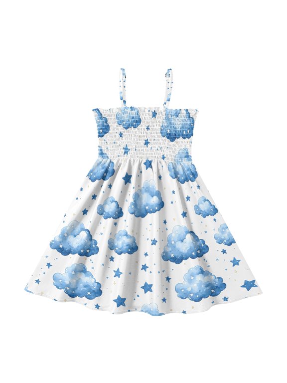 Summer Spaghetti Strap Cloud White Abstract A Line Dress Casual Sleeveless Cami Sundress for Size 2-8 Years