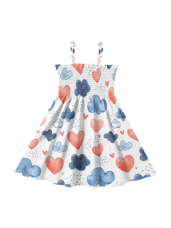 Summer Spaghetti Strap Heart Cloud A Line Dress Casual Sleeveless Cami Sundress for Size 2-8 Years