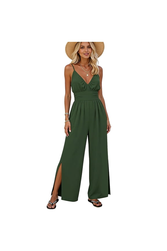 Summer Spaghetti Strap Jumpsuits Womens Split Wide Leg High Waist Romper Pleated Casual V Neck Trendy Jumper Army Green, M