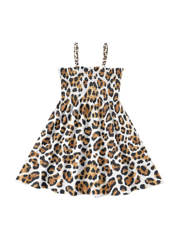 Summer Spaghetti Strap Leopard A Line Dress Casual Sleeveless Cami Sundress for Size 2-8 Years
