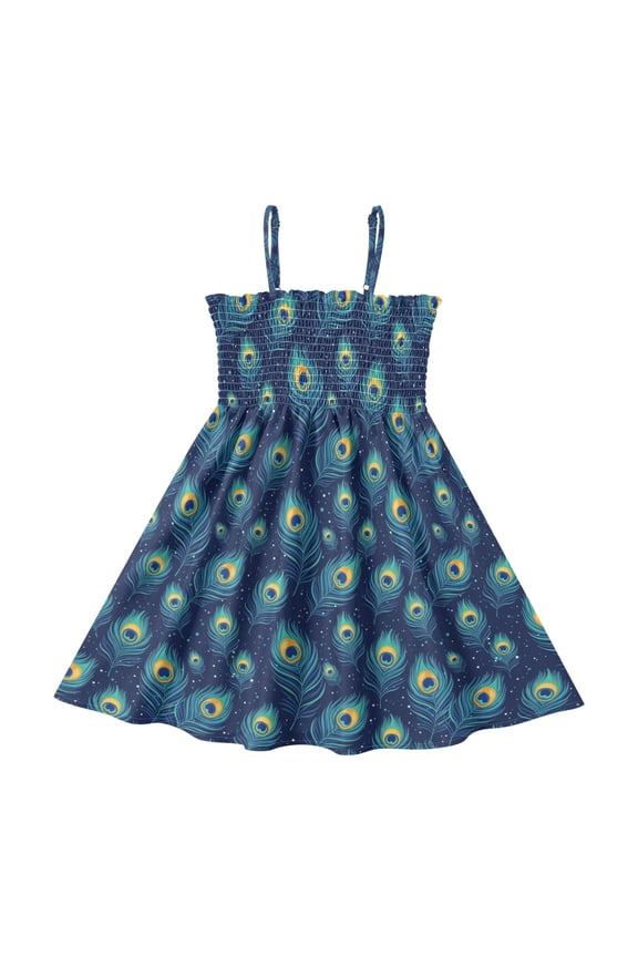 Summer Spaghetti Strap Peacock Bird Feather Pattern A Line Dress Casual Sleeveless Cami Sundress for Size 2-8 Years