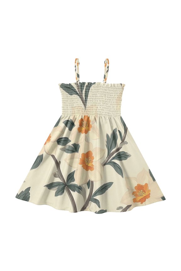 Summer Spaghetti Strap White Daffodils and Leaves A Line Dress Casual Sleeveless Cami Sundress for Size 2-8 Years
